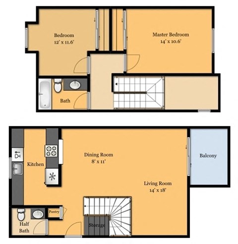 Floor plan for 2 beds, 1.5 baths, 1060 sqft